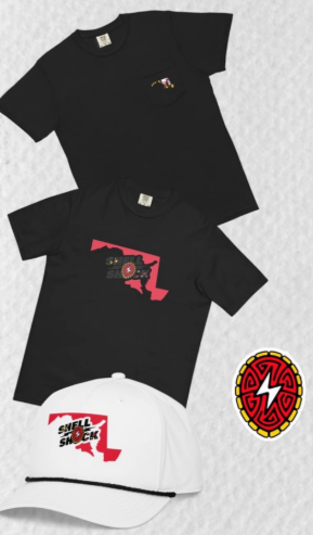Shell Shock launch collection including shirts and a hat